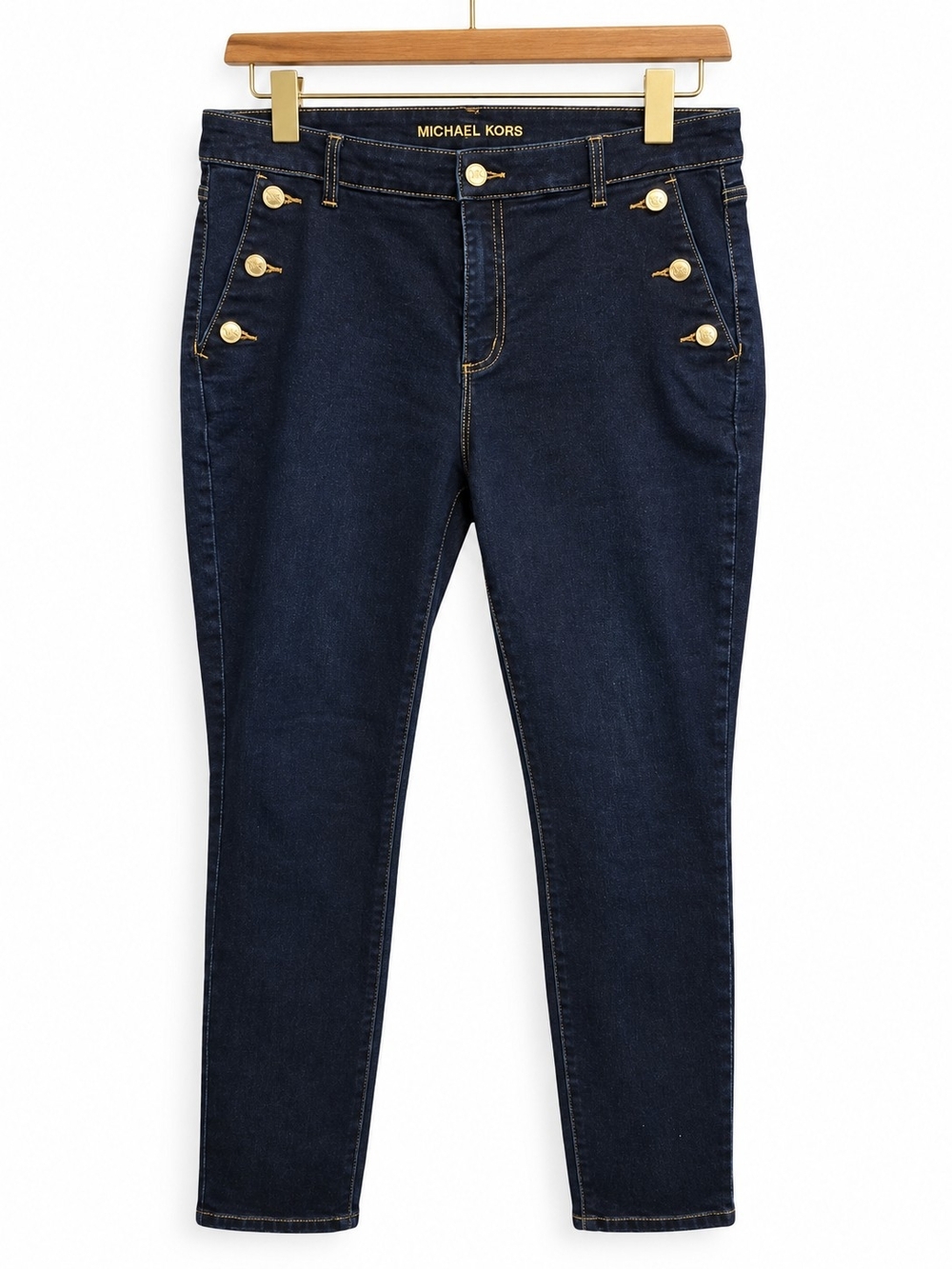 Michael Kors Women’s 12 Dark Wash Sailor Button Skinny Jeans Gold Hardware
